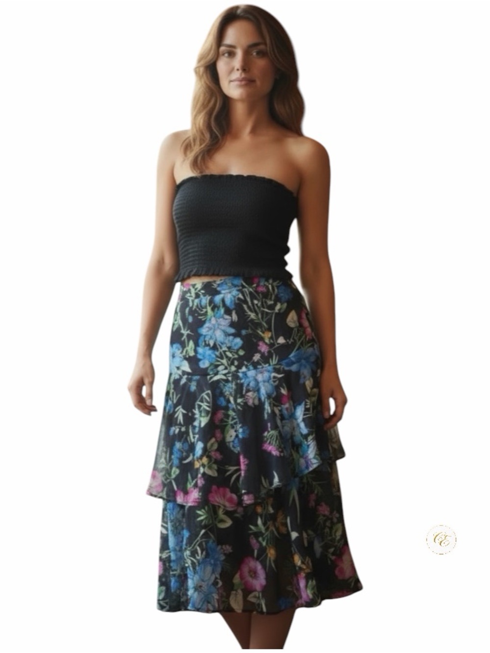 MISA Black Floral High-Low Ruffle Skirt | Silk Chiffon Tiered | Size S